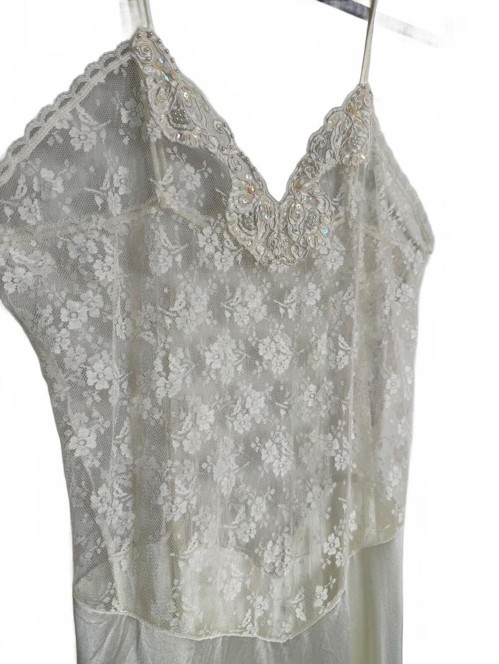Vintage 2 Pieces 80s Lace and Satin Slip Maxi Dress with Sheer Cover up